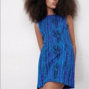Zara Retro Blue and Black Textured Mod 60s Vintage Mini Dress Size Medium